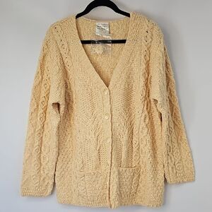 Kilronan Knitwear Butter Yellow Merino Wool Cable Knit Button Front Cardigan XXL